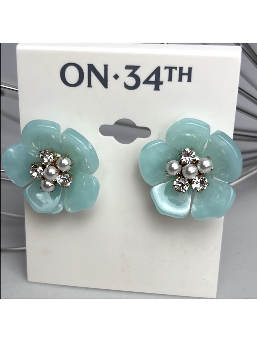 ON 34th Teal Blue Floral Rhinestone and Faux Pearl Earrings